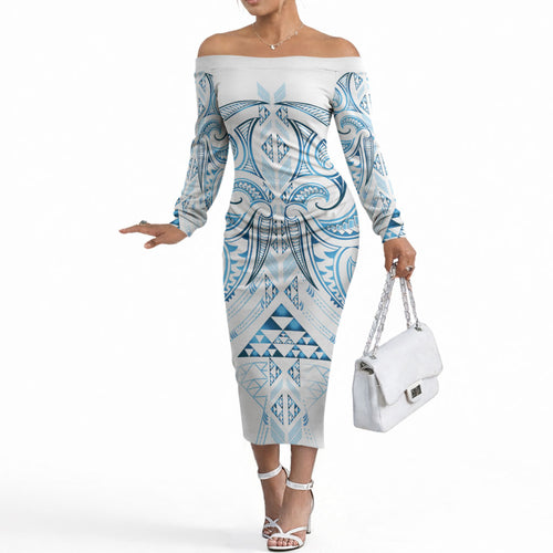 Maori Rugby Custom Ngaru Mangopare Off The Shoulder Long Sleeve Dress Kahui Whetu Niho Taniwha Motif