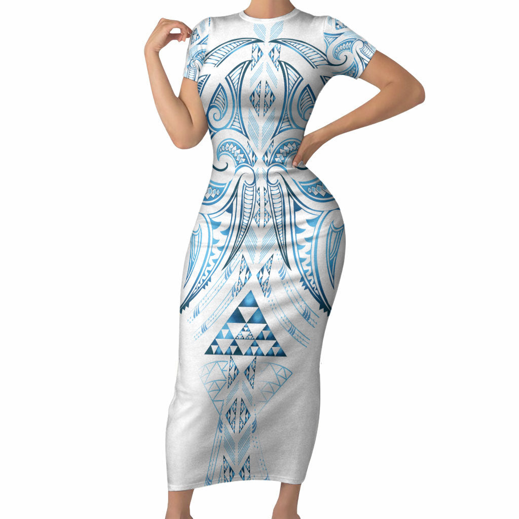Maori Rugby Custom Ngaru Mangopare Short Sleeve Bodycon Dress Kahui Whetu Niho Taniwha Motif