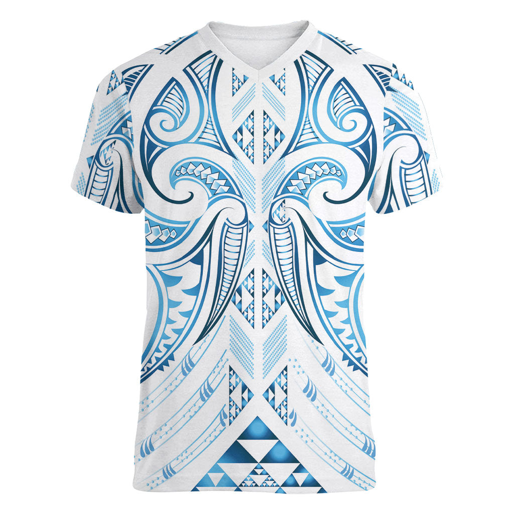 Maori Rugby Custom Ngaru Mangopare Women V-Neck T-Shirt Kahui Whetu Niho Taniwha Motif
