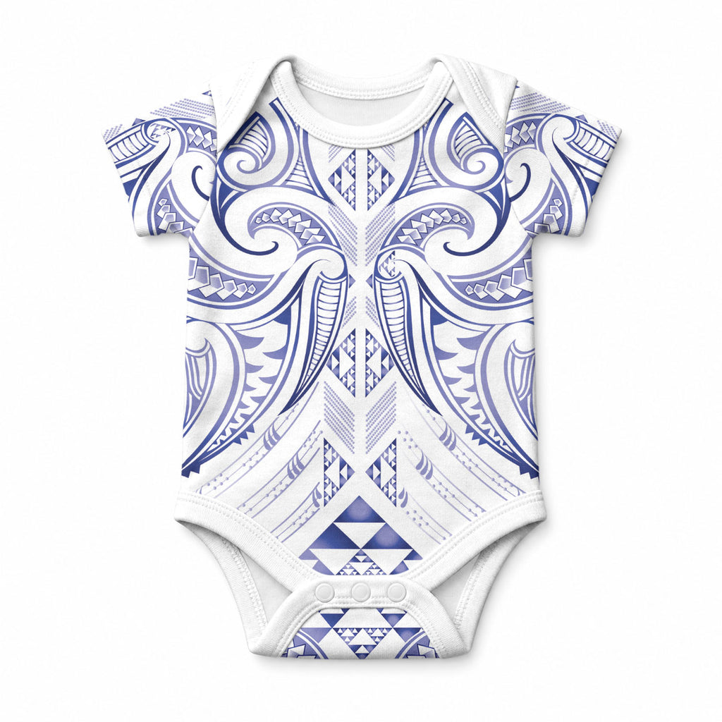 Maori Rugby Custom Ngaru Mangopare Baby Onesie Kikorangi Niho Taniwha Motif