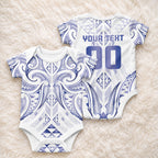 Maori Rugby Custom Ngaru Mangopare Baby Onesie Kikorangi Niho Taniwha Motif