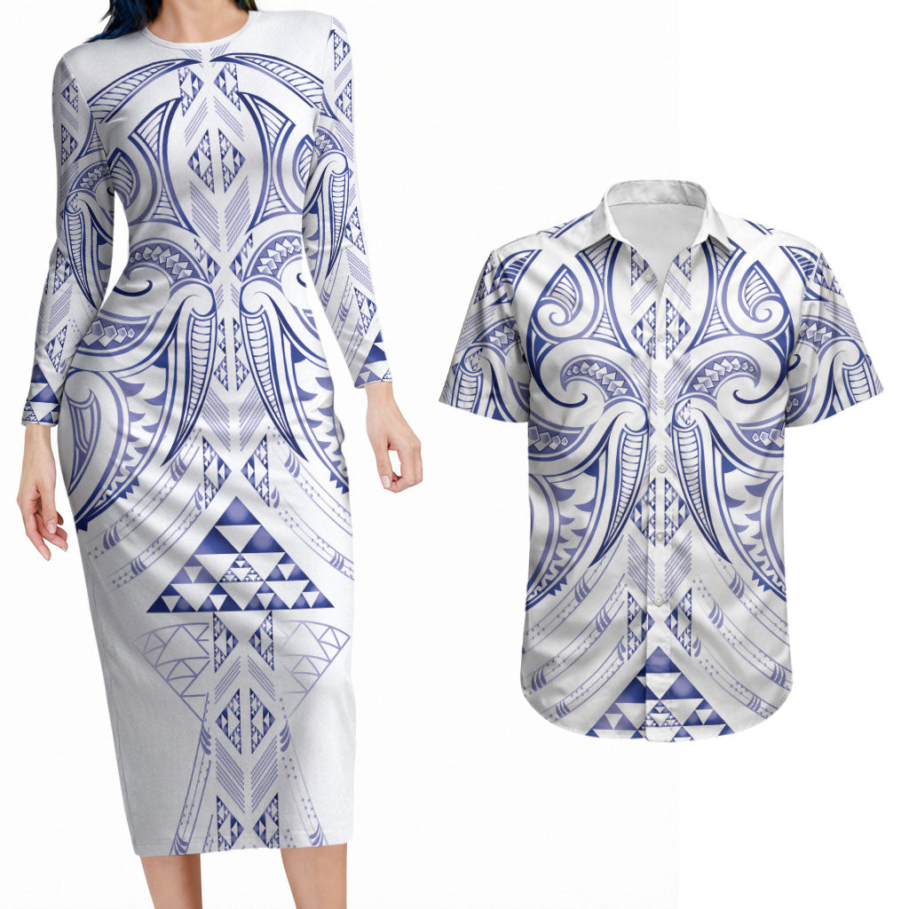 Maori Rugby Custom Ngaru Mangopare Couples Matching Long Sleeve Bodycon Dress and Hawaiian Shirt Kikorangi Niho Taniwha Motif