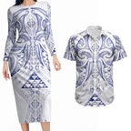 Maori Rugby Custom Ngaru Mangopare Couples Matching Long Sleeve Bodycon Dress and Hawaiian Shirt Kikorangi Niho Taniwha Motif