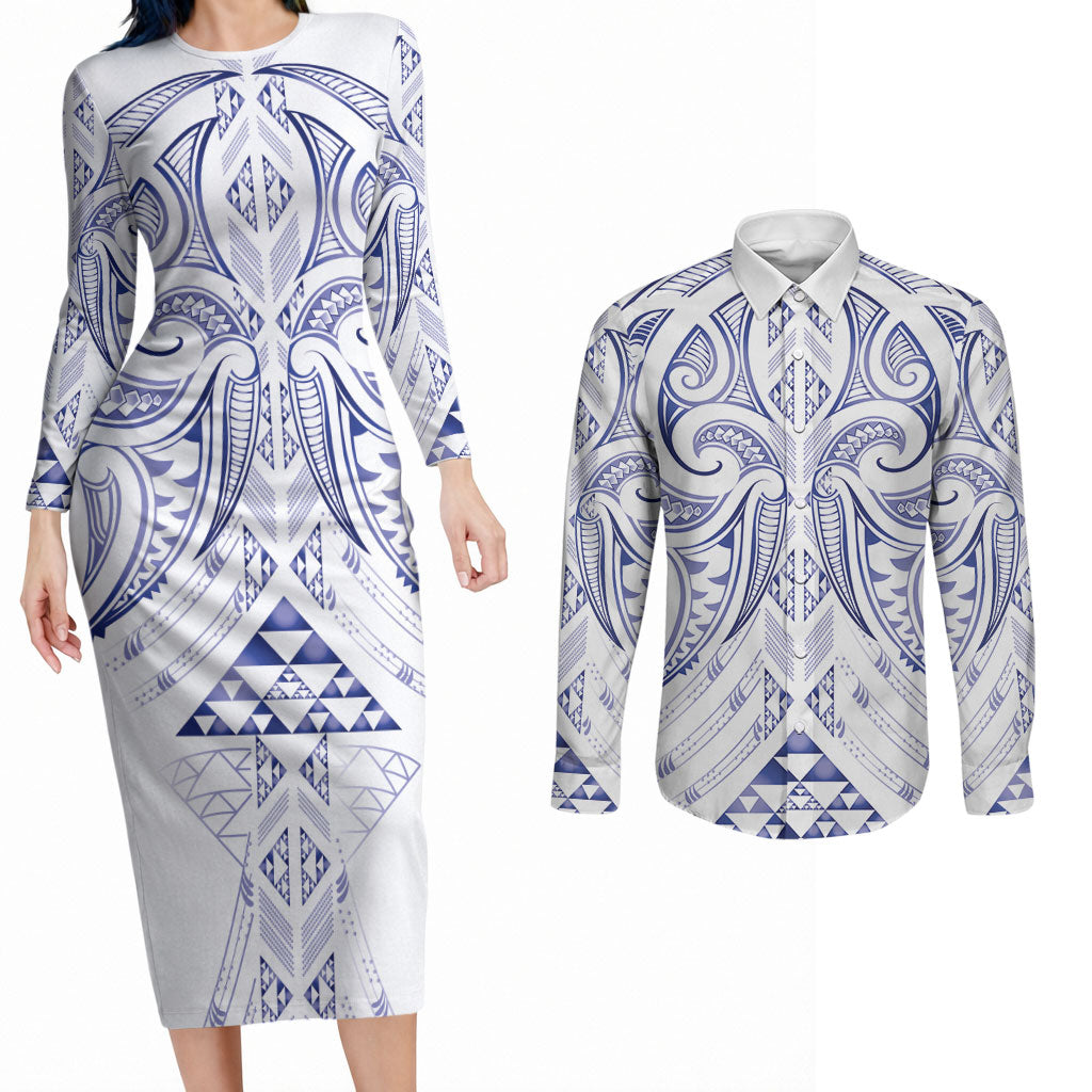 Maori Rugby Custom Ngaru Mangopare Couples Matching Long Sleeve Bodycon Dress and Long Sleeve Button Shirt Kikorangi Niho Taniwha Motif