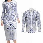 Maori Rugby Custom Ngaru Mangopare Couples Matching Long Sleeve Bodycon Dress and Long Sleeve Button Shirt Kikorangi Niho Taniwha Motif