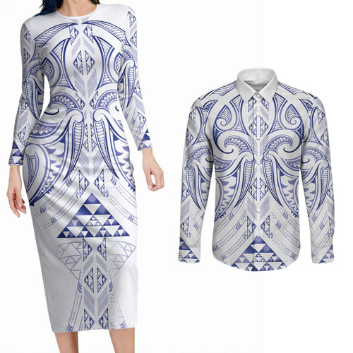 Maori Rugby Custom Ngaru Mangopare Couples Matching Long Sleeve Bodycon Dress and Long Sleeve Button Shirt Kikorangi Niho Taniwha Motif