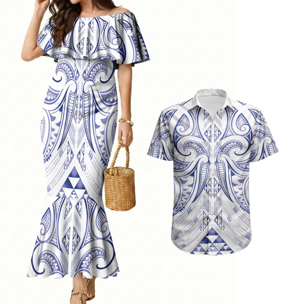 Maori Rugby Custom Ngaru Mangopare Couples Matching Mermaid Dress and Hawaiian Shirt Kikorangi Niho Taniwha Motif