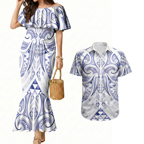 Maori Rugby Custom Ngaru Mangopare Couples Matching Mermaid Dress and Hawaiian Shirt Kikorangi Niho Taniwha Motif