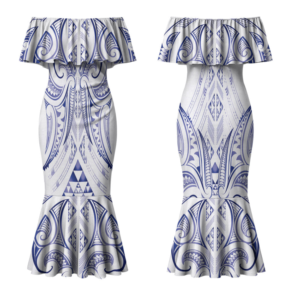 Maori Rugby Custom Ngaru Mangopare Couples Matching Mermaid Dress and Long Sleeve Button Shirt Kikorangi Niho Taniwha Motif