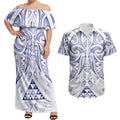 Maori Rugby Custom Ngaru Mangopare Couples Matching Off Shoulder Maxi Dress and Hawaiian Shirt Kikorangi Niho Taniwha Motif