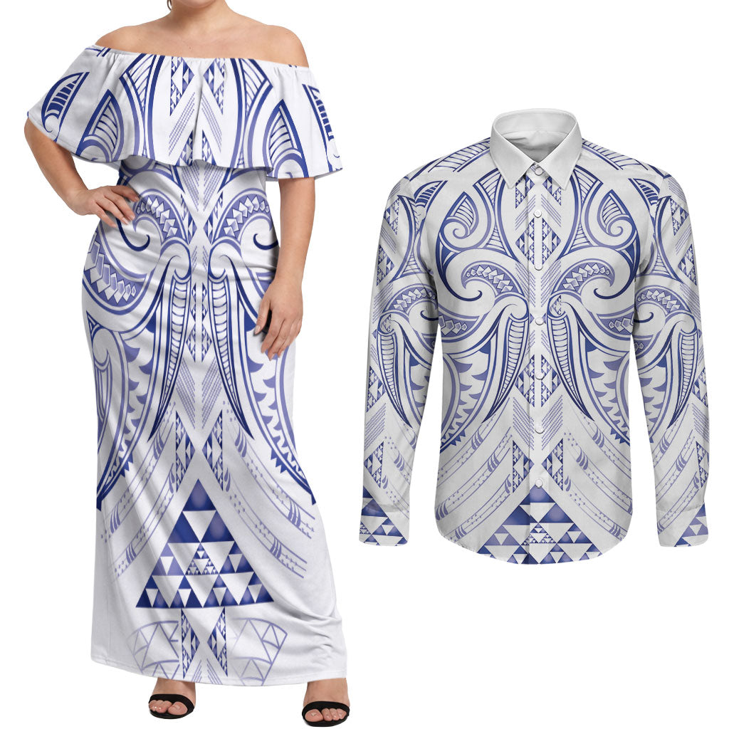 Maori Rugby Custom Ngaru Mangopare Couples Matching Off Shoulder Maxi Dress and Long Sleeve Button Shirt Kikorangi Niho Taniwha Motif
