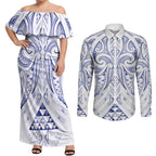 Maori Rugby Custom Ngaru Mangopare Couples Matching Off Shoulder Maxi Dress and Long Sleeve Button Shirt Kikorangi Niho Taniwha Motif
