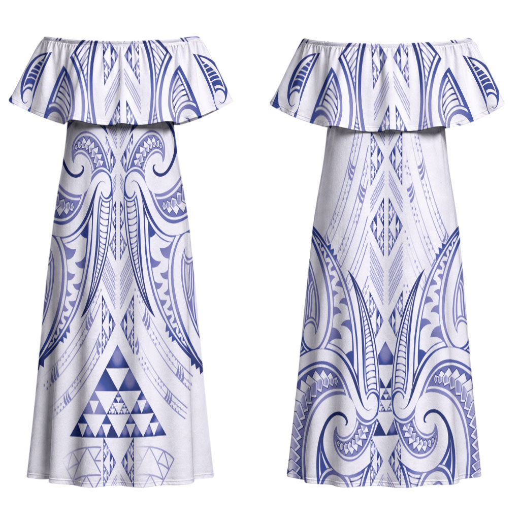 Maori Rugby Custom Ngaru Mangopare Couples Matching Off Shoulder Maxi Dress and Long Sleeve Button Shirt Kikorangi Niho Taniwha Motif