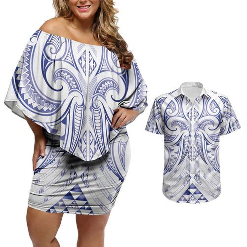 Maori Rugby Custom Ngaru Mangopare Couples Matching Off Shoulder Short Dress and Hawaiian Shirt Kikorangi Niho Taniwha Motif