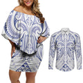 Maori Rugby Custom Ngaru Mangopare Couples Matching Off Shoulder Short Dress and Long Sleeve Button Shirt Kikorangi Niho Taniwha Motif