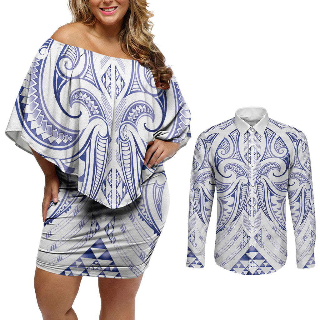 Maori Rugby Custom Ngaru Mangopare Couples Matching Off Shoulder Short Dress and Long Sleeve Button Shirt Kikorangi Niho Taniwha Motif