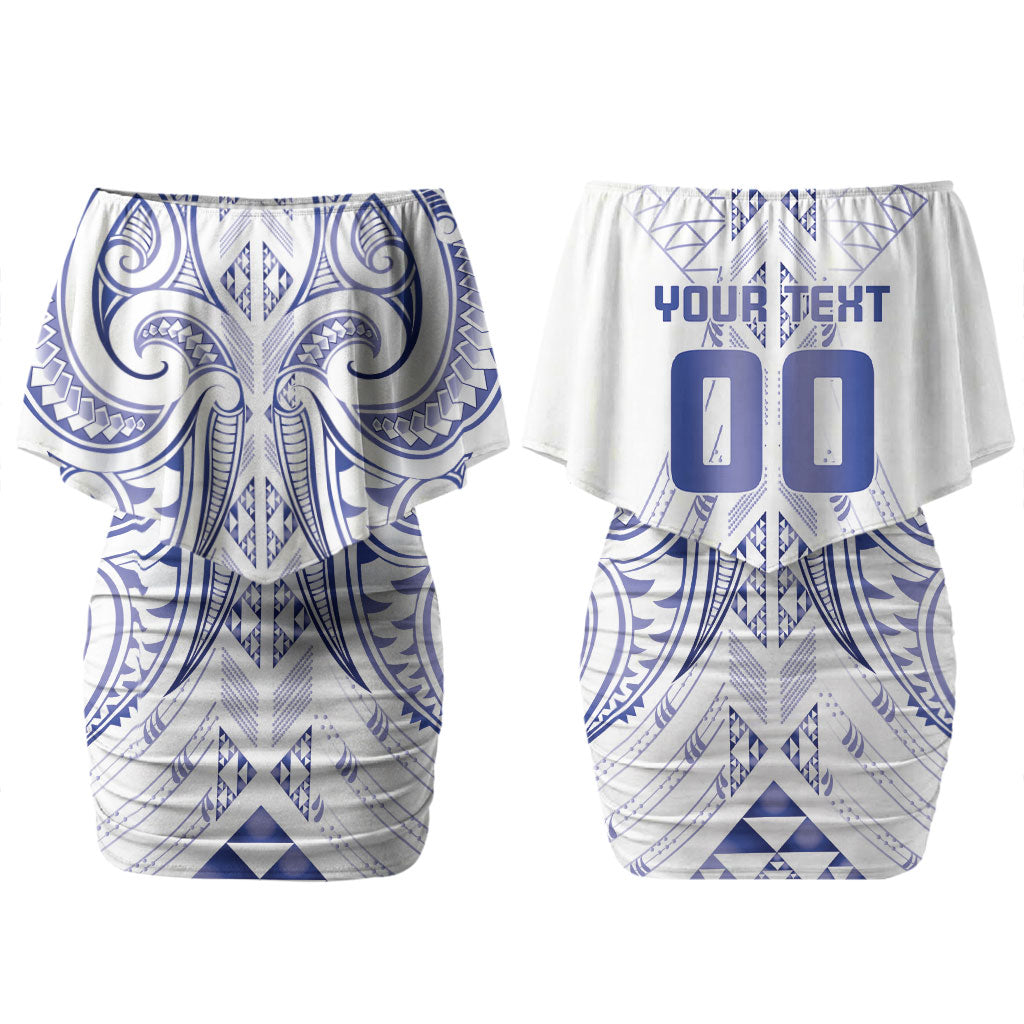 Maori Rugby Custom Ngaru Mangopare Couples Matching Off Shoulder Short Dress and Long Sleeve Button Shirt Kikorangi Niho Taniwha Motif