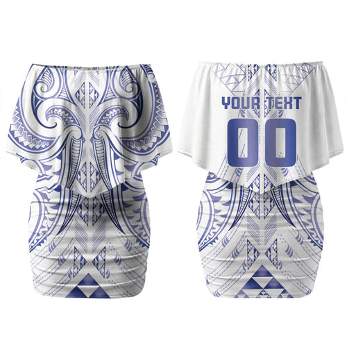 Maori Rugby Custom Ngaru Mangopare Couples Matching Off Shoulder Short Dress and Long Sleeve Button Shirt Kikorangi Niho Taniwha Motif
