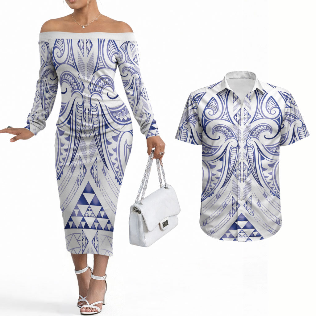 Maori Rugby Custom Ngaru Mangopare Couples Matching Off The Shoulder Long Sleeve Dress and Hawaiian Shirt Kikorangi Niho Taniwha Motif