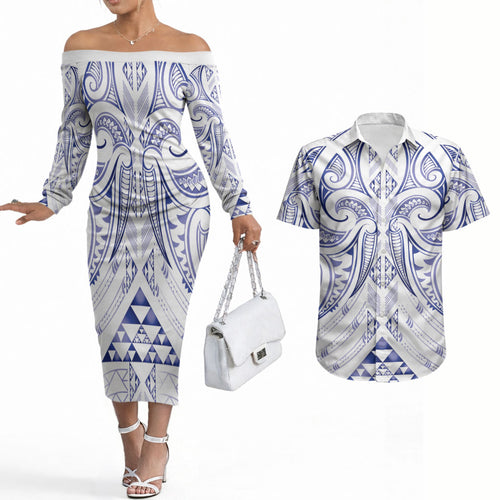 Maori Rugby Custom Ngaru Mangopare Couples Matching Off The Shoulder Long Sleeve Dress and Hawaiian Shirt Kikorangi Niho Taniwha Motif