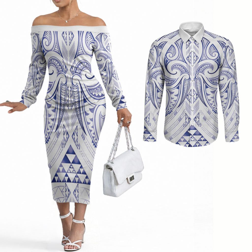 Maori Rugby Custom Ngaru Mangopare Couples Matching Off The Shoulder Long Sleeve Dress and Long Sleeve Button Shirt Kikorangi Niho Taniwha Motif