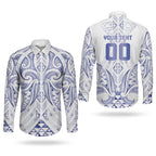 Maori Rugby Custom Ngaru Mangopare Couples Matching Off The Shoulder Long Sleeve Dress and Long Sleeve Button Shirt Kikorangi Niho Taniwha Motif