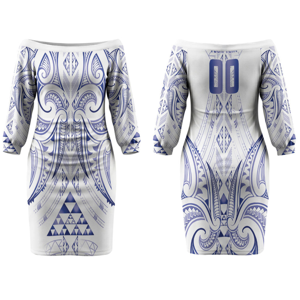 Maori Rugby Custom Ngaru Mangopare Couples Matching Off The Shoulder Long Sleeve Dress and Long Sleeve Button Shirt Kikorangi Niho Taniwha Motif