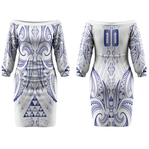 Maori Rugby Custom Ngaru Mangopare Couples Matching Off The Shoulder Long Sleeve Dress and Long Sleeve Button Shirt Kikorangi Niho Taniwha Motif