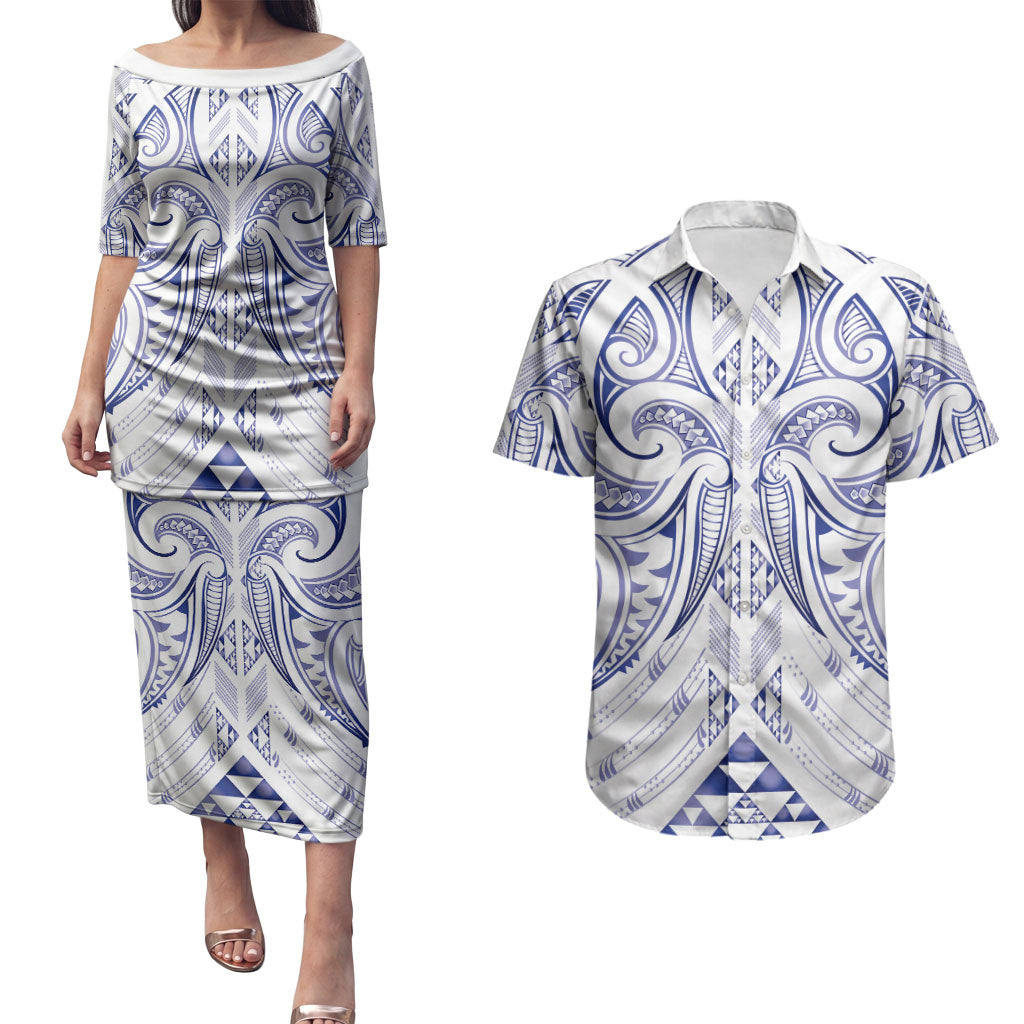 Maori Rugby Custom Ngaru Mangopare Couples Matching Puletasi and Hawaiian Shirt Kikorangi Niho Taniwha Motif