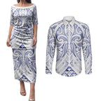 Maori Rugby Custom Ngaru Mangopare Couples Matching Puletasi and Long Sleeve Button Shirt Kikorangi Niho Taniwha Motif