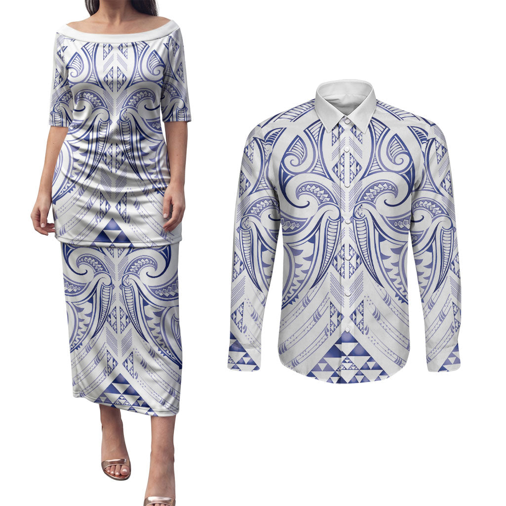 Maori Rugby Custom Ngaru Mangopare Couples Matching Puletasi and Long Sleeve Button Shirt Kikorangi Niho Taniwha Motif