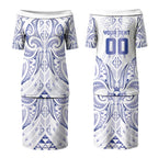 Maori Rugby Custom Ngaru Mangopare Couples Matching Puletasi and Long Sleeve Button Shirt Kikorangi Niho Taniwha Motif