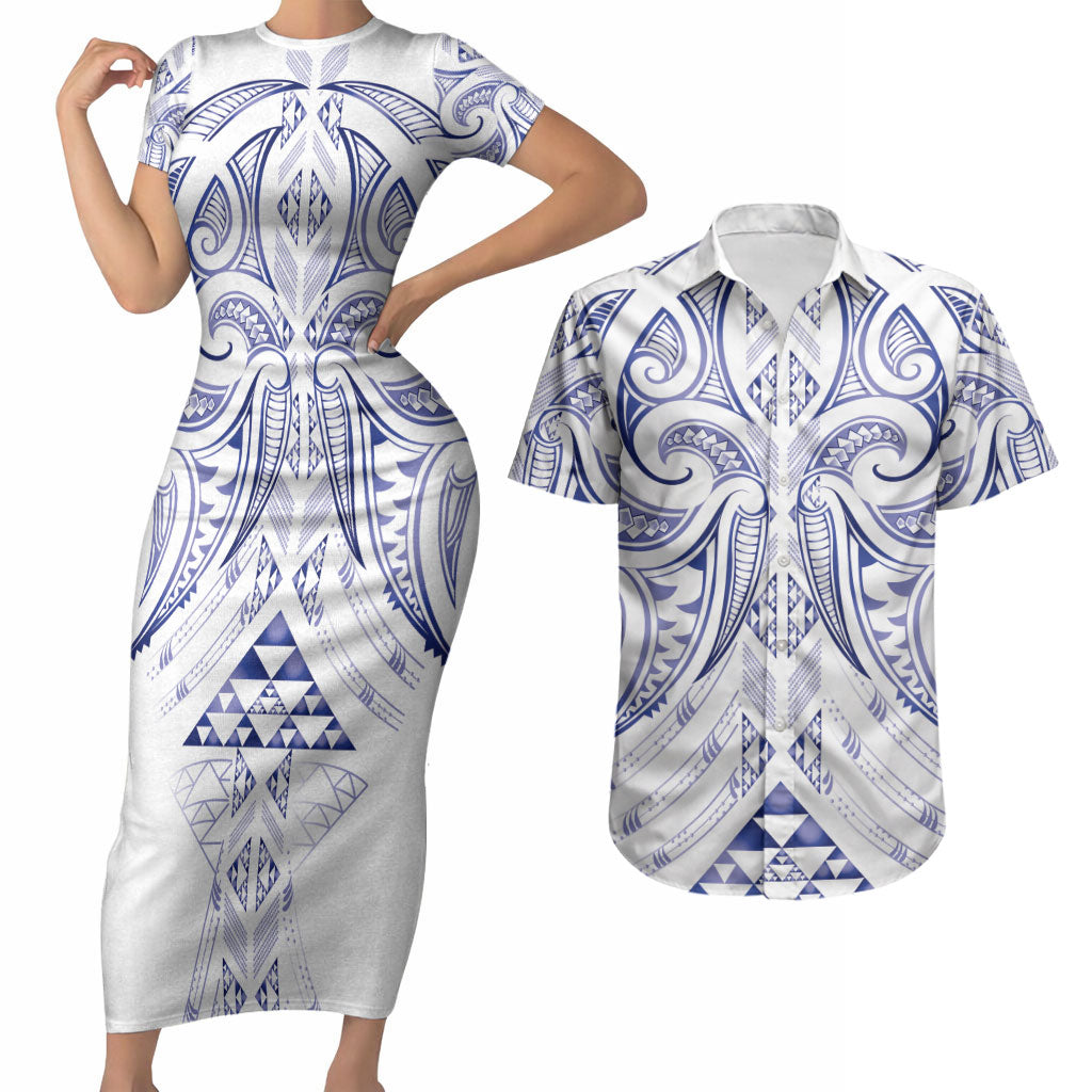 Maori Rugby Custom Ngaru Mangopare Couples Matching Short Sleeve Bodycon Dress and Hawaiian Shirt Kikorangi Niho Taniwha Motif