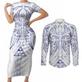 Maori Rugby Custom Ngaru Mangopare Couples Matching Short Sleeve Bodycon Dress and Long Sleeve Button Shirt Kikorangi Niho Taniwha Motif