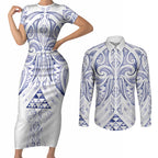 Maori Rugby Custom Ngaru Mangopare Couples Matching Short Sleeve Bodycon Dress and Long Sleeve Button Shirt Kikorangi Niho Taniwha Motif