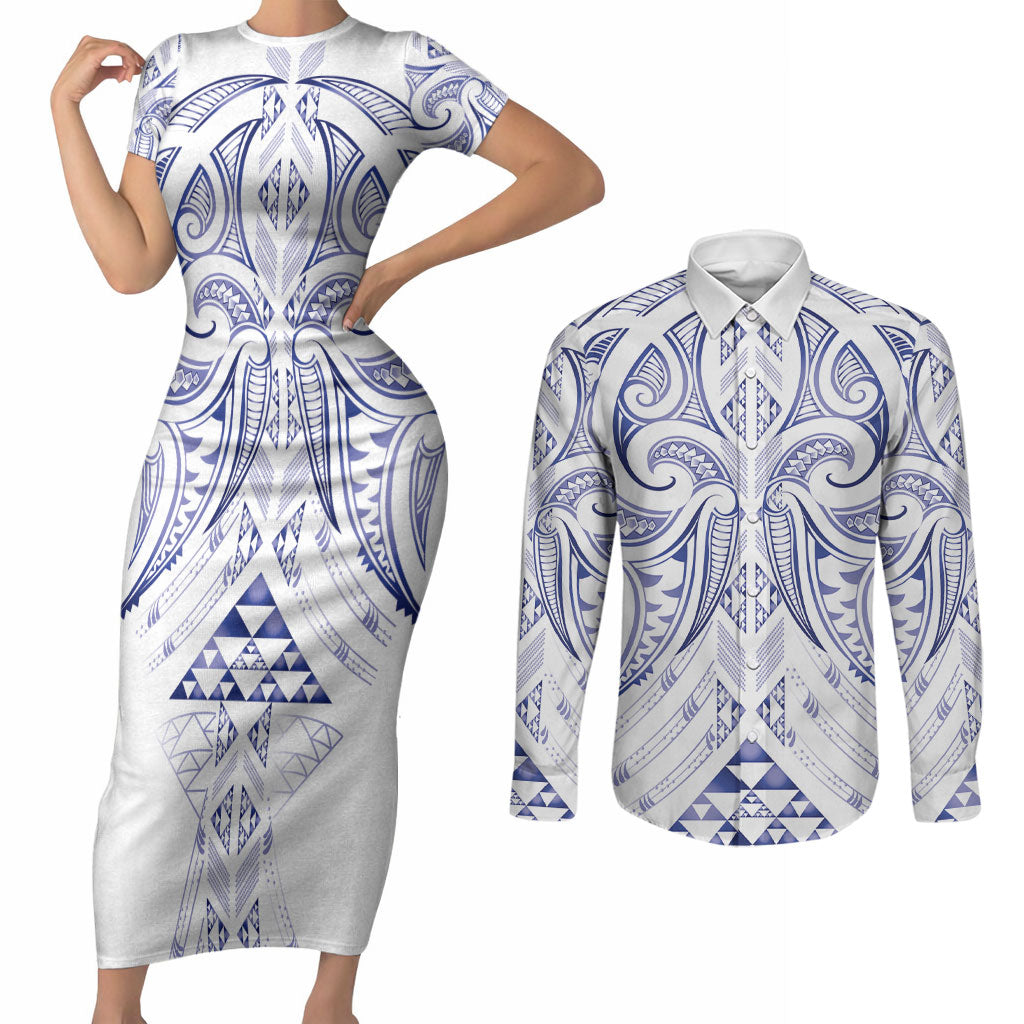 Maori Rugby Custom Ngaru Mangopare Couples Matching Short Sleeve Bodycon Dress and Long Sleeve Button Shirt Kikorangi Niho Taniwha Motif