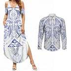Maori Rugby Custom Ngaru Mangopare Couples Matching Summer Maxi Dress and Long Sleeve Button Shirt Kikorangi Niho Taniwha Motif