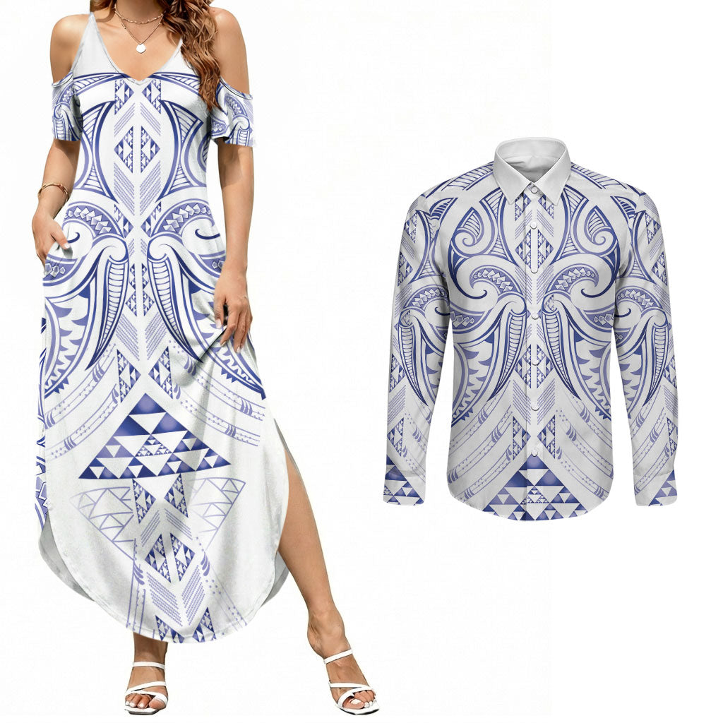 Maori Rugby Custom Ngaru Mangopare Couples Matching Summer Maxi Dress and Long Sleeve Button Shirt Kikorangi Niho Taniwha Motif