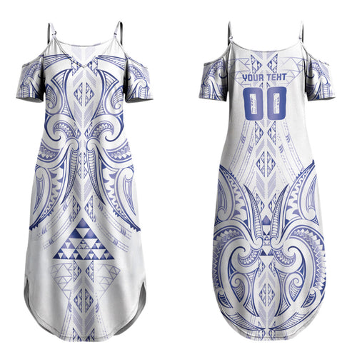 Maori Rugby Custom Ngaru Mangopare Couples Matching Summer Maxi Dress and Long Sleeve Button Shirt Kikorangi Niho Taniwha Motif