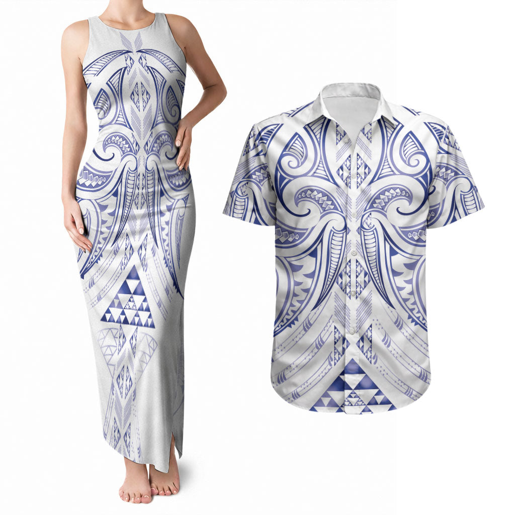 Maori Rugby Custom Ngaru Mangopare Couples Matching Tank Maxi Dress and Hawaiian Shirt Kikorangi Niho Taniwha Motif