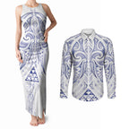 Maori Rugby Custom Ngaru Mangopare Couples Matching Tank Maxi Dress and Long Sleeve Button Shirt Kikorangi Niho Taniwha Motif