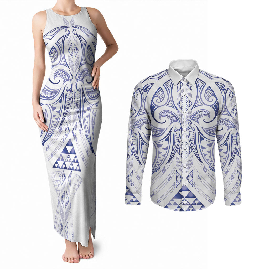 Maori Rugby Custom Ngaru Mangopare Couples Matching Tank Maxi Dress and Long Sleeve Button Shirt Kikorangi Niho Taniwha Motif