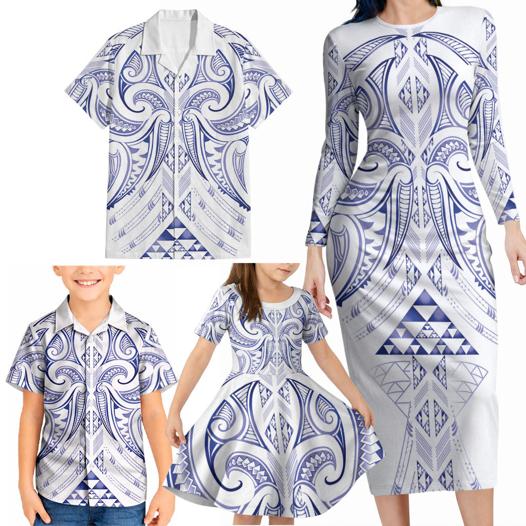 Maori Rugby Custom Ngaru Mangopare Family Matching Long Sleeve Bodycon Dress and Hawaiian Shirt Kikorangi Niho Taniwha Motif