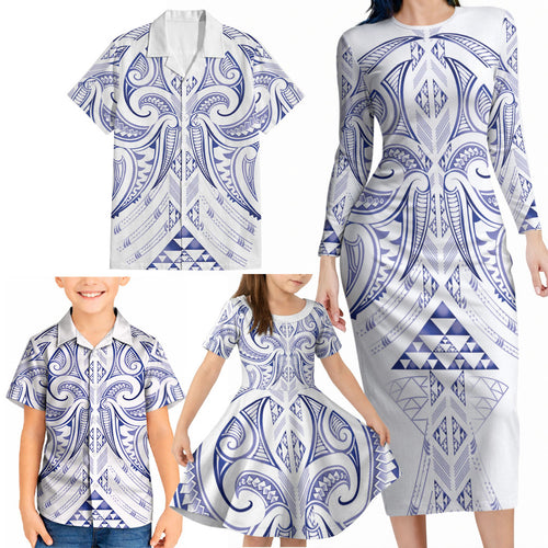 Maori Rugby Custom Ngaru Mangopare Family Matching Long Sleeve Bodycon Dress and Hawaiian Shirt Kikorangi Niho Taniwha Motif