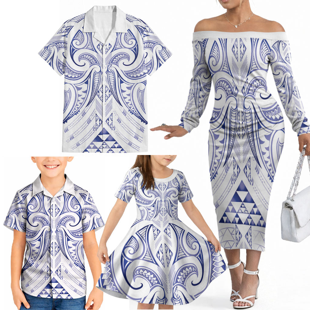 Maori Rugby Custom Ngaru Mangopare Family Matching Off The Shoulder Long Sleeve Dress and Hawaiian Shirt Kikorangi Niho Taniwha Motif
