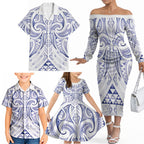 Maori Rugby Custom Ngaru Mangopare Family Matching Off The Shoulder Long Sleeve Dress and Hawaiian Shirt Kikorangi Niho Taniwha Motif