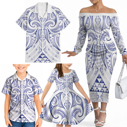 Maori Rugby Custom Ngaru Mangopare Family Matching Off The Shoulder Long Sleeve Dress and Hawaiian Shirt Kikorangi Niho Taniwha Motif