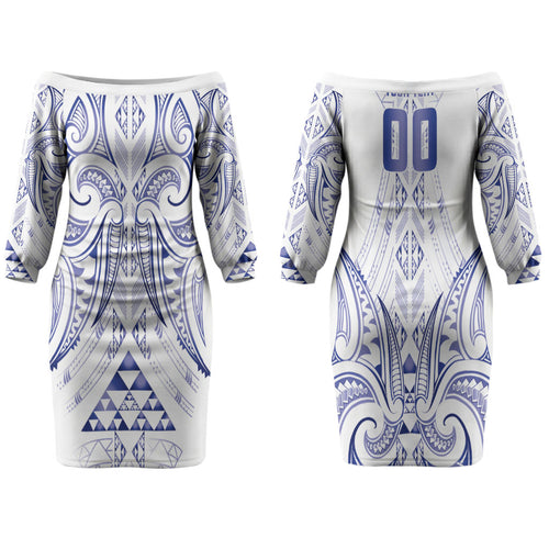 Maori Rugby Custom Ngaru Mangopare Family Matching Off The Shoulder Long Sleeve Dress and Hawaiian Shirt Kikorangi Niho Taniwha Motif