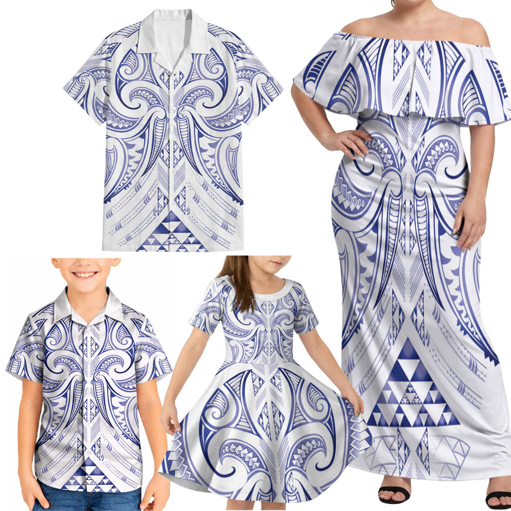 Maori Rugby Custom Ngaru Mangopare Family Matching Off Shoulder Maxi Dress and Hawaiian Shirt Kikorangi Niho Taniwha Motif