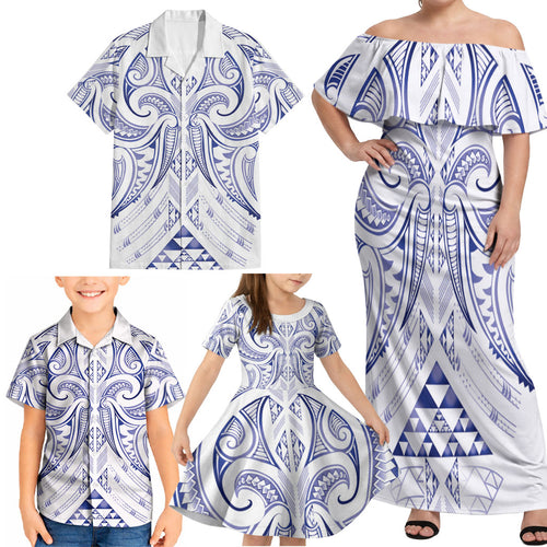 Maori Rugby Custom Ngaru Mangopare Family Matching Off Shoulder Maxi Dress and Hawaiian Shirt Kikorangi Niho Taniwha Motif